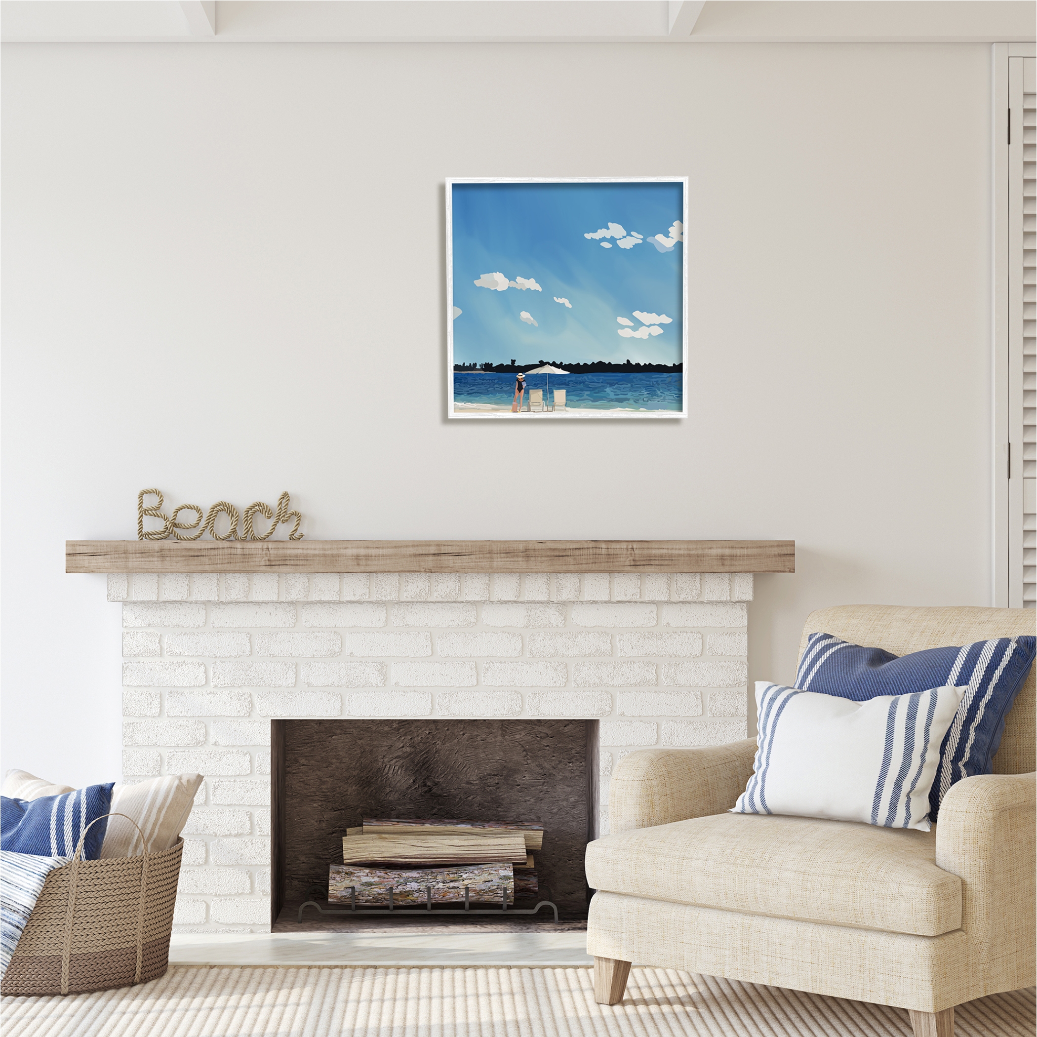 Stupell Industries Girl on Beach Horizon Nature Painting White Framed Art Print Wall Art, 24 x 24