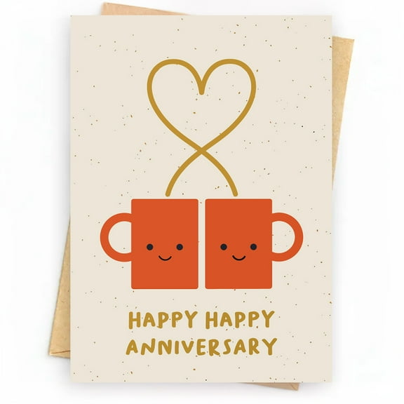Happy Anniversary Card for Couples – Cute Coffee Mugs Design – Blank Inside with Envelope – Perfect Card for Celebrating Love and Togetherness
