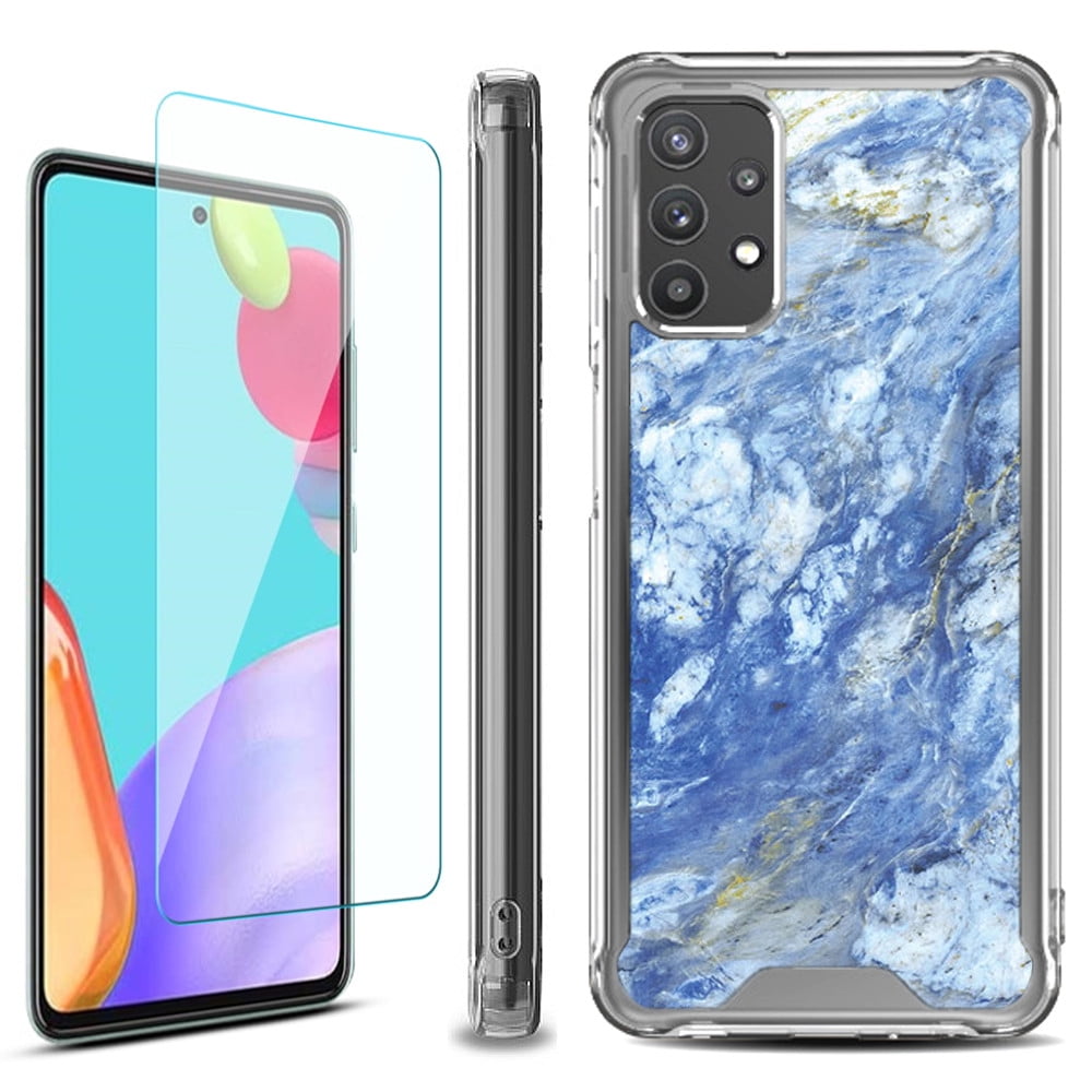 Shockproof Bumper Phone Case for Samsung Galaxy A53 5G, with Tempered Glass Screen Protector, by OneToughShield ® - Marble / Gem Blue