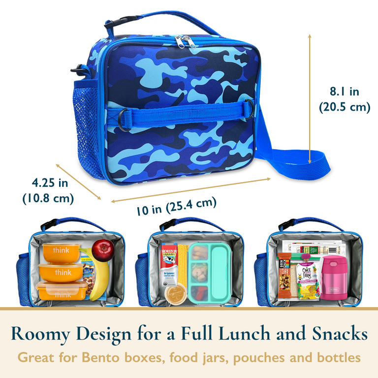 ComfiTime Lunch Bag for Kids – Insulated Lunch Box for Girls and Boys, Cute  Reusable Cooler Bag with Zipper Pockets, Bottle Holder, Padded Handles and  Shoulder Strap (Blue Camouflage) 