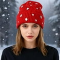 thumbnail image 2 of AWZXDE Girls Rhinestone Glitter Knitted Beanie Hats For Women Double Layer Outdoor Warm Personality Street Style Cap Red, 2 of 4
