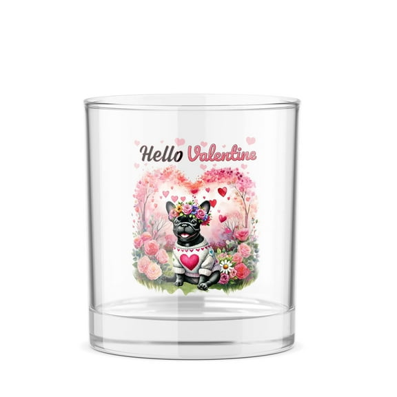 Hello Valentine’s Day French Bulldog Flower Crown Romantic Pink Floral 11oz Whiskey Glass Mug Dog Lover Gifts Whiskey Cocktail Glasses Cup - 00031