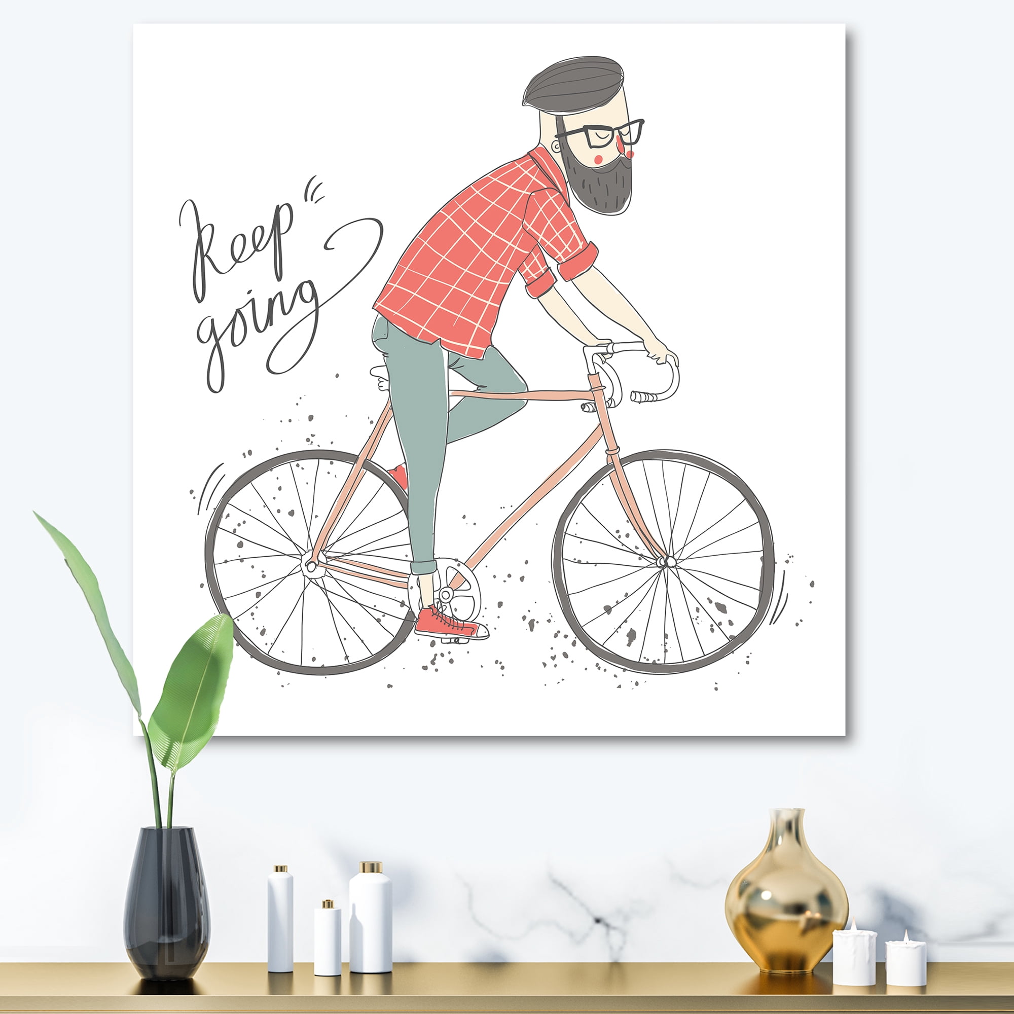 Hipster Man Riding A Bicycle 16 in x 16 in Painting Canvas Art Print, by Designart