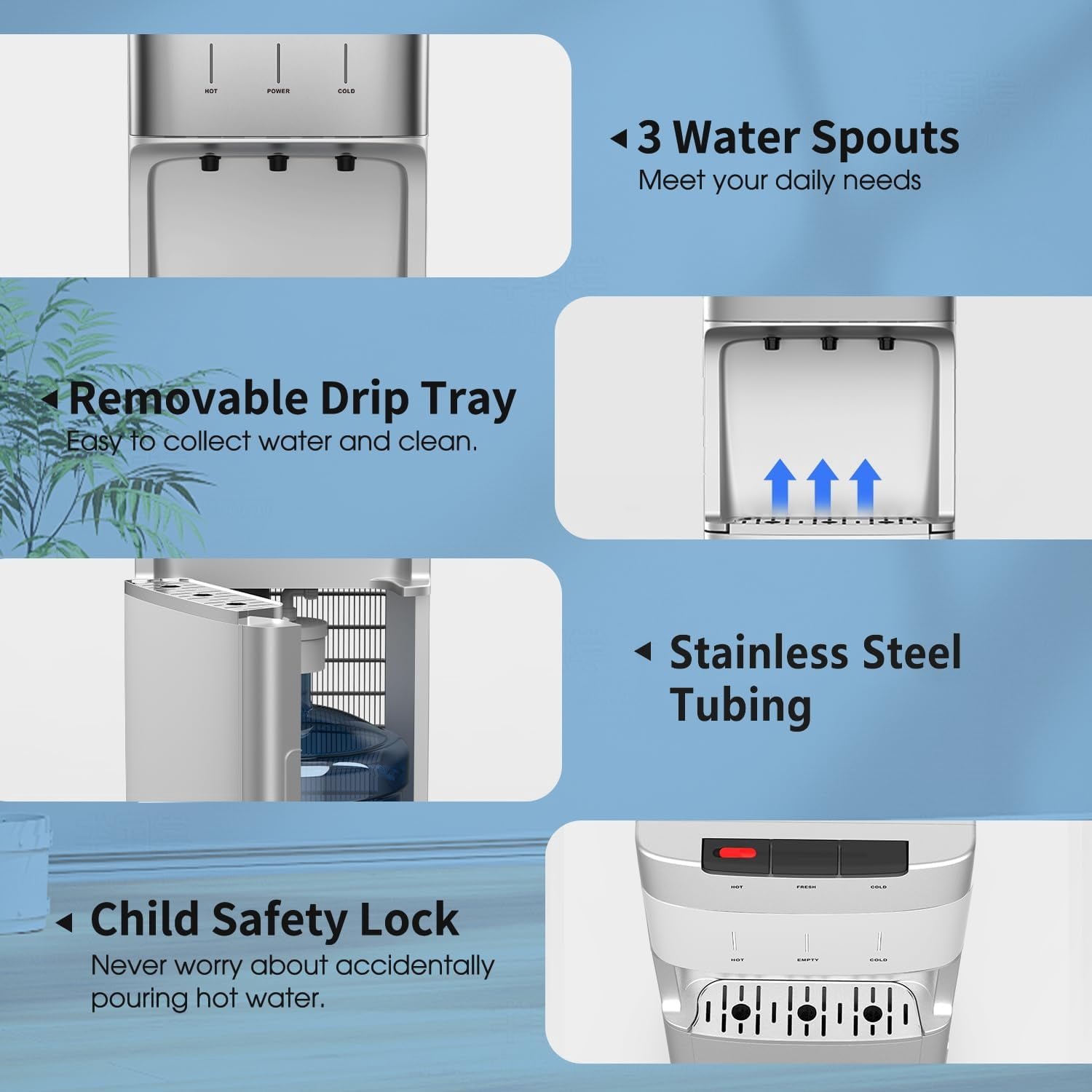 Self Cleaning Water Cooler Dispenser for 3-5 Gallon Bottles Bottom Load,Hot Cold and Room, Child Safety Lock, Empty Bottle Alert, White