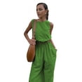 thumbnail image 2 of Women'S 2 Piece Outfits Linen Vest Waistcoat Dressy Casual Sets High Slit Wide Leg Pants Suits Green L, 2 of 7