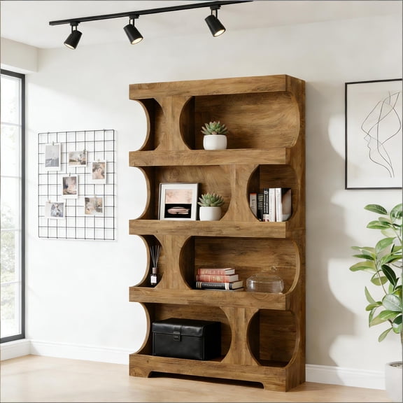 71" Tall Generous Bookcase, 4-Tier Freestanding S-Shaped Bookshelf, Wood Decorative Storage Display Shelf, Large Library Book Shelf for Living Room, Brown