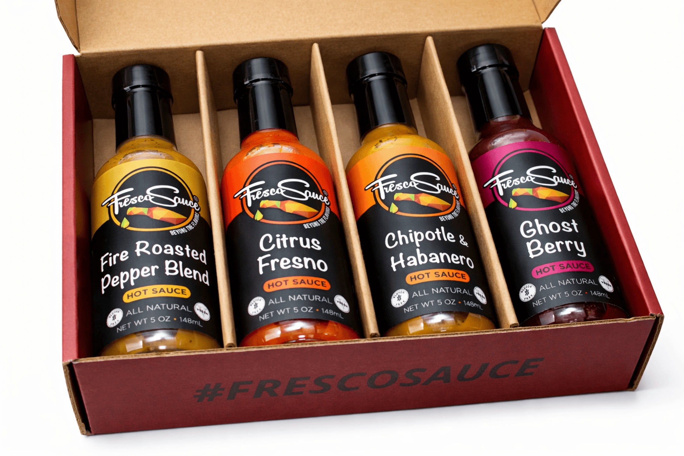 Sauce Lover Hot Sauce Gift Box 4 Pack by Fresco Sauce - Gluten Free - All Natural - Vegan