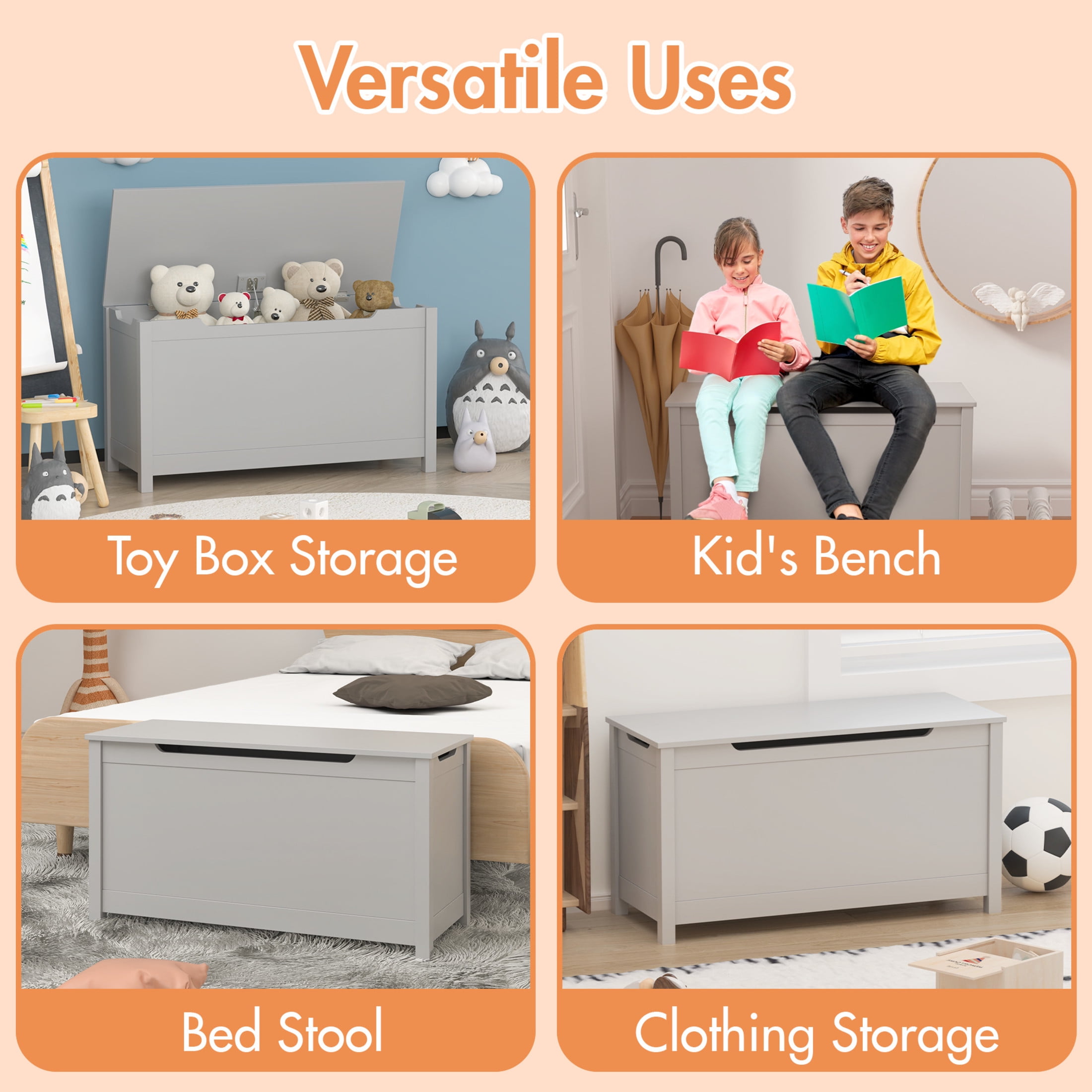 Noble House Thalhill 31.5" Kids Wooden Toy Box, Safety Hinged Lid Storage Chest Bench, Toy Organizer Kid Room, Gray
