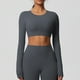 thumbnail image 5 of Tops cortos para mujer,Camiseta informal de manga larga con cuello redondo para mujer, con estampado de cuadros suaves, para uso diario, ideal para el hogar, sopatenor, 5 of 9