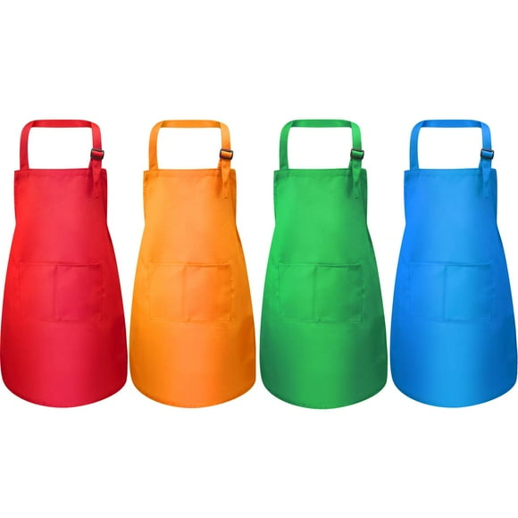 Yaomiao 4 Pieces Kids Apron with Pocket Children Adjustable Chef Apron for Cooking Baking Painting (Green Orange Red Blue S for 2-6 Age)