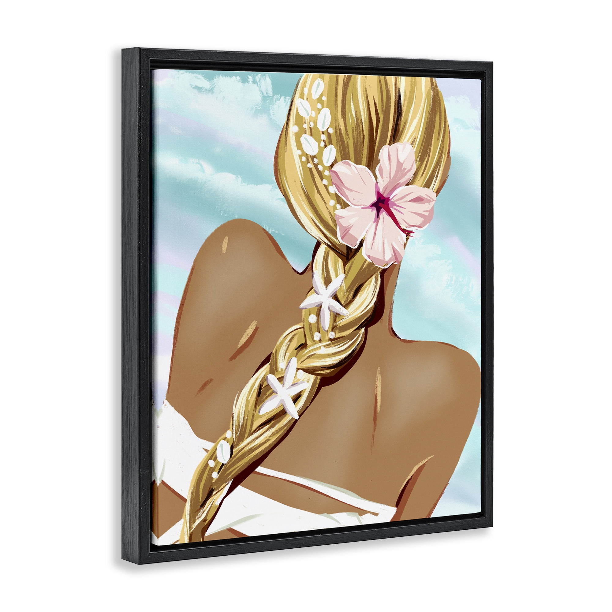 Stupell Industries Beachy Girl with Florals Novelty Painting Black Floater Framed Art Print Wall Art, 17 x 21