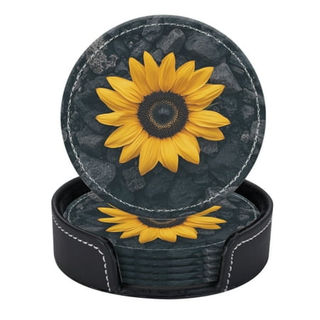 

PU Leather Coasters for Drinks Bar Beer Set of 6 with Holder Round Housewarming Gift Yellow Sunflower Laying On Pile Of Rocks