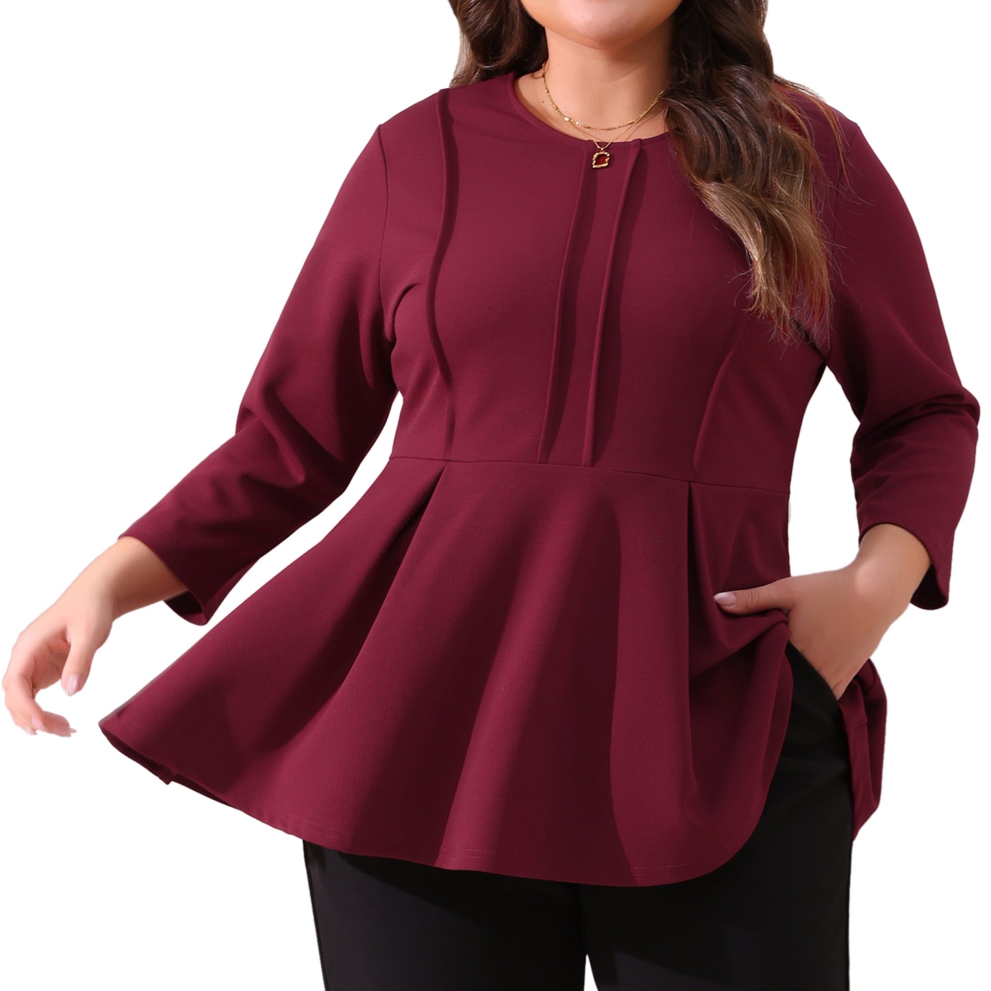 DARING DIVA Women's Plus Elegant Crew Neck 3/4 Sleeve Peplum Top 2X Burgundy
