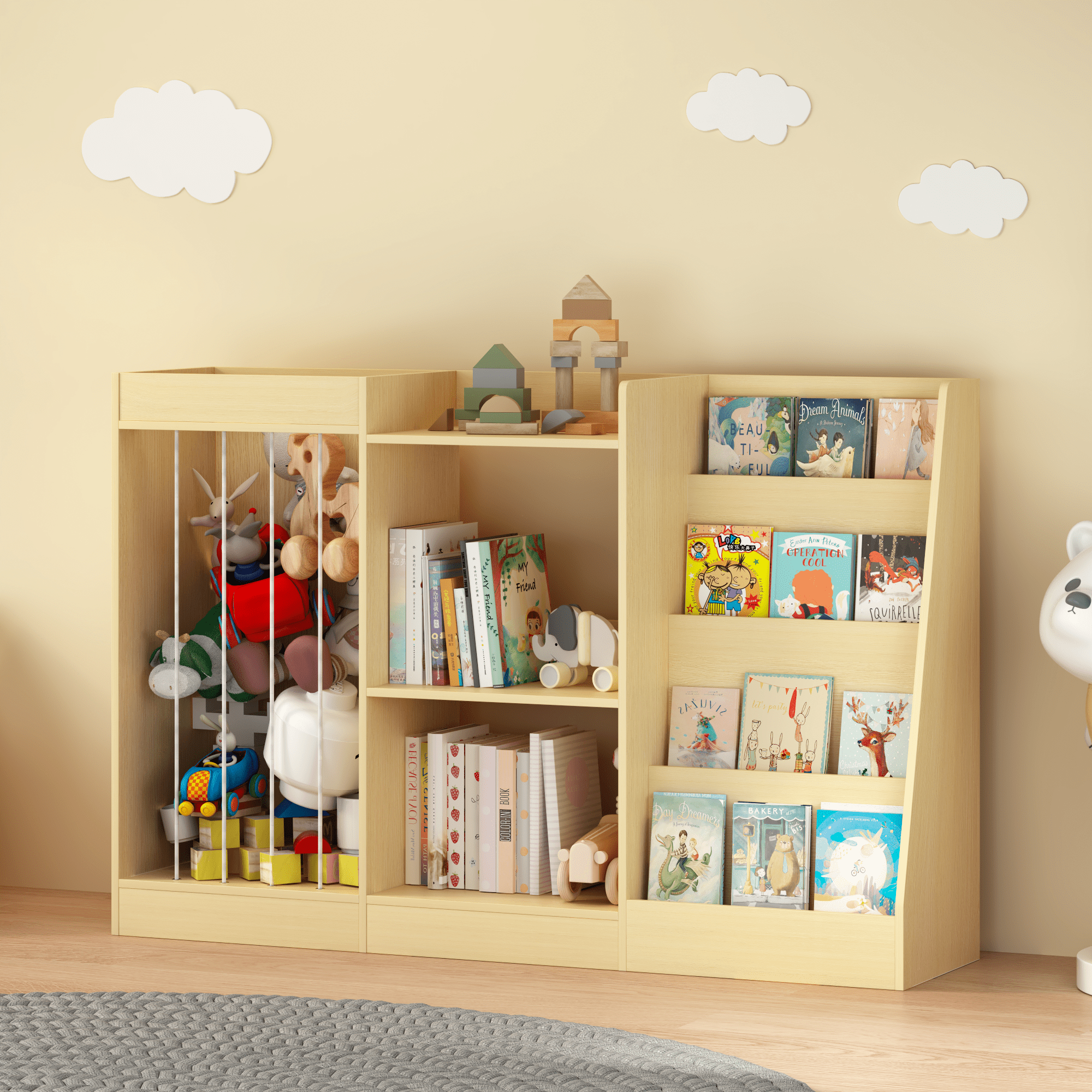 3-in-1 Kids Bookshelf and Toy Storage, 4-Tier Book Shelf for Kids Rooms, Sling Baby Bookcase with Stuffed Animal Storage, Toddler Montessori Bookshelf for Nursery, Playroom, Kindergarten, Natural