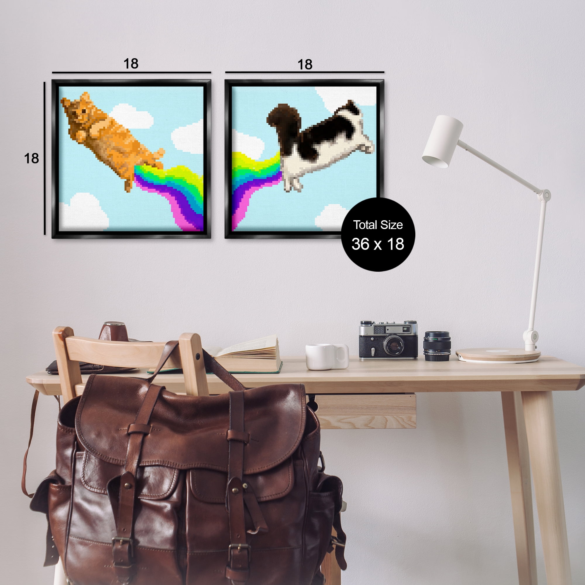Stupell Industries Pixel Cats with Rainbows Animals Painting Black Floater Framed Canvas Art Print Wall Art, 18 x 18, Set of 2