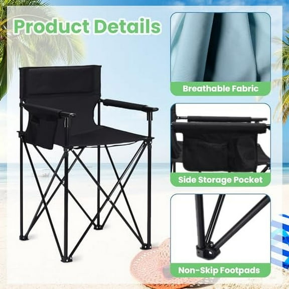 KOTEK Folding Beach Chair, High Off Ground, Portable Lawn Chair for Adults with Detachable Armrests, Side Pocket & Carry Bag, Camping Chair for Outdoor, Hiking, Travel, Fishing, Pi