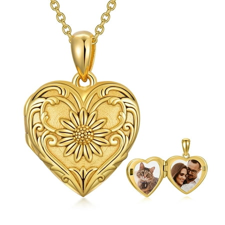 18K Gold Plated Sunflower Locket Necklace that Hold Pictures Heart Shape DIY...