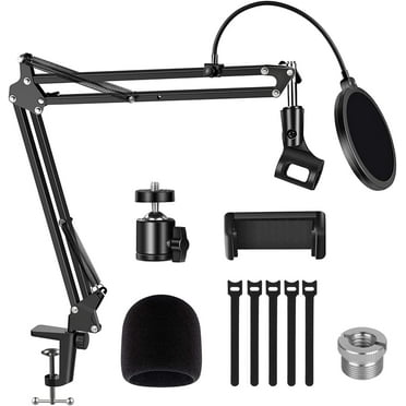 Microphone Arm Stand, Heavy Duty Microphone Stand Adjustable Suspension Boom Scissor Mic Stand with Pop Filter, 3/8" to 5/8" Adapter, Ball Head for Blue Yeti Snowball Yeti Nano or other Mic