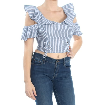 GUESS Womens Blue Cold Shoulder Striped Lace Up Short Sleeve Scoop Neck Crop Top Top Size: L
