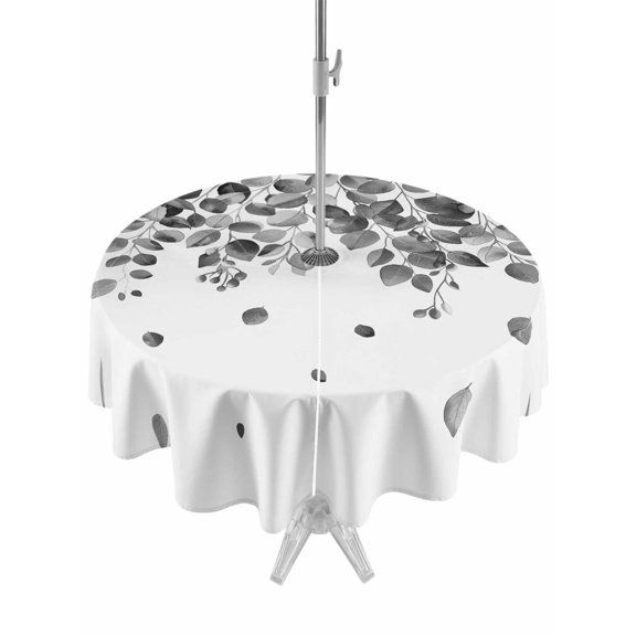 Outdoor Table Cloth with Umbrella Hole and Zipper, Gray Botanical Waterproof Round Tablecloth 54 Inch, Watercolor Spring Summer Eucalyptus Leaves Washable Table Cover for Outside Party Patio Picnic