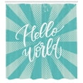 thumbnail image 3 of Hello World Shower Curtain, Pattern of Retro Sun Ray and Dotted Background Calligraphy, Fabric Bathroom Set with Hooks, 69W X 70L Inches, Cadet Blue Pale Blue and White, by Ambesonne, 3 of 3