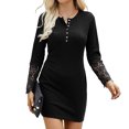thumbnail image 1 of Vestido de manga larga de mujer Botones de empalme de encaje acanalado Mini vestido delgado Abanopi Negro/Medio, 1 of 7