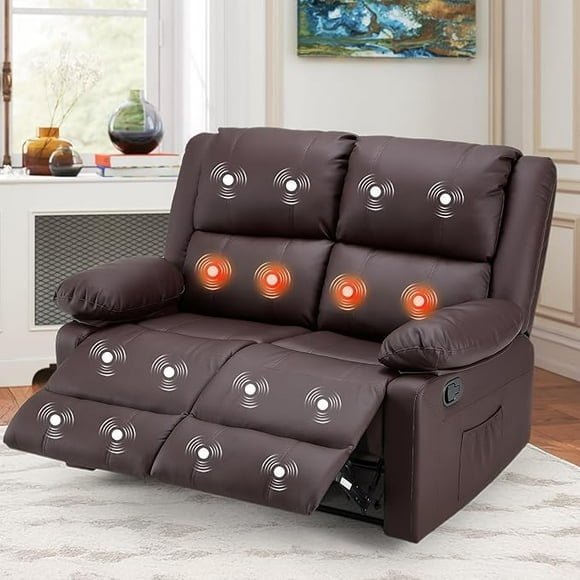YODOLLA 2 Seat Leather Recliner Sofa with Massage Heated Function, Home Theatre Seating Massage Reclining Loveseat Chair in Brown