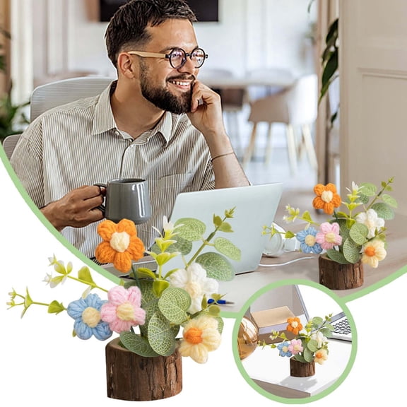 Handmade Knitted Crochet Flower Bouquet Potted Desktop Ornament Elegant Home Desk Idea