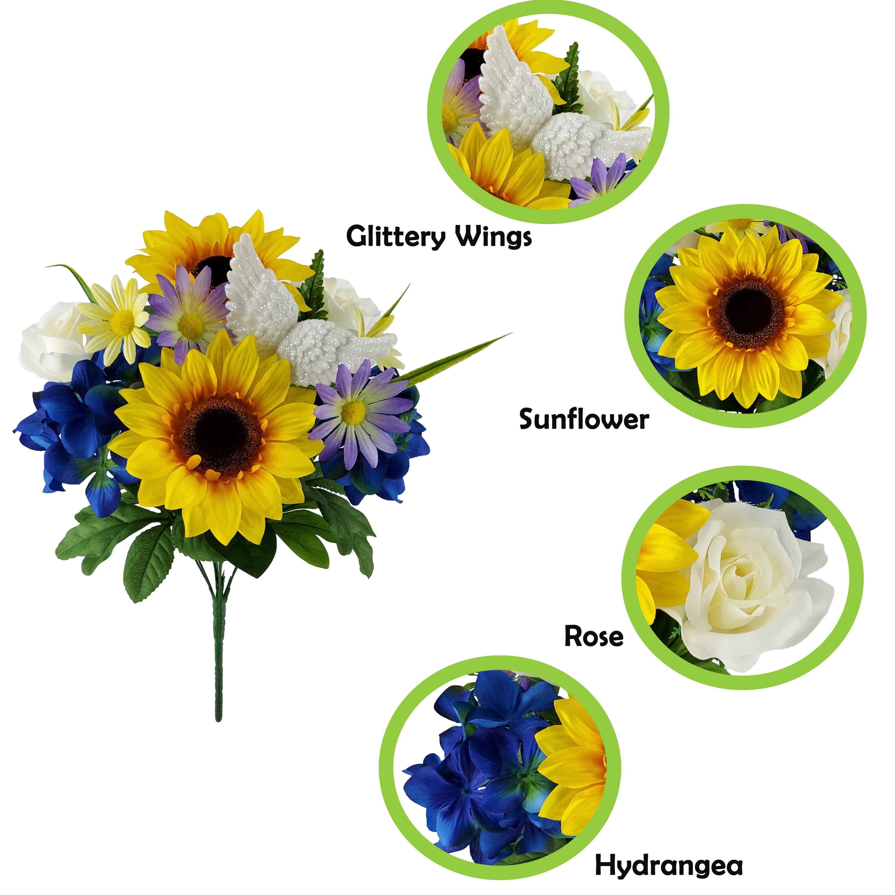 Mainstays 18in Indoor and Outdoor Artificial Sunflower and Hydrangea Bouquet,Yellow and Blue Color.