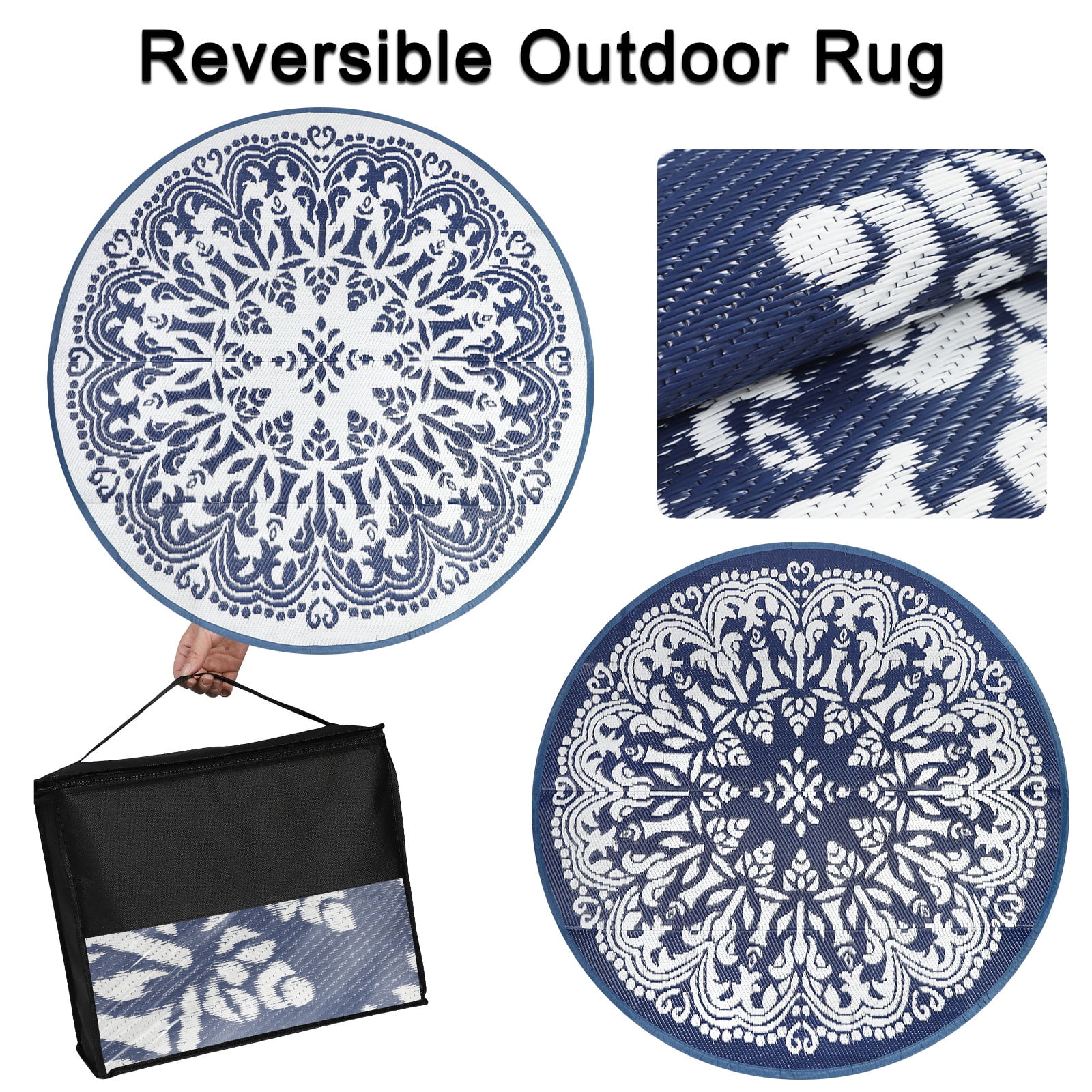 Aonewoe Round Outdoor Rugs 6Ft Waterproof Patio Plastic Straw Rug Reversible Camping Carpet Indoor Outdoor Area Rug for Patio,Deck,Balcony,Picnic,Beach,Outside