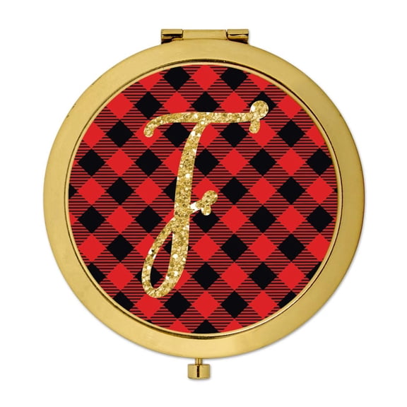 Koyal Wholesale Gold Compact Mirror Bridesmaid's Wedding Gift, Buffalo Red Plaid | Gold Glitter, Monogram Letter F, 1-Pk