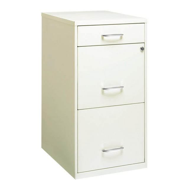Pearl white 3-drawer vertical file cabinet with letter width drawers, a pencil drawer on top, and locking mechanism.