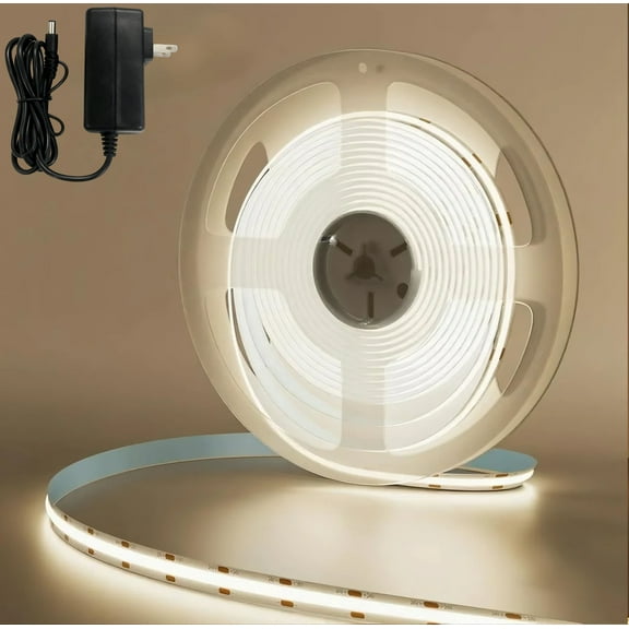 12V Thin COB LED Strip Light 8mm PCB width,4000K16.4ft(5M) Flexible 3M Adhesive Tape, CRI>90 320 LEDs/M 7W/M Dotless High Density for Cabinet/Stairs/Shop DIY( Power Adaptor Included