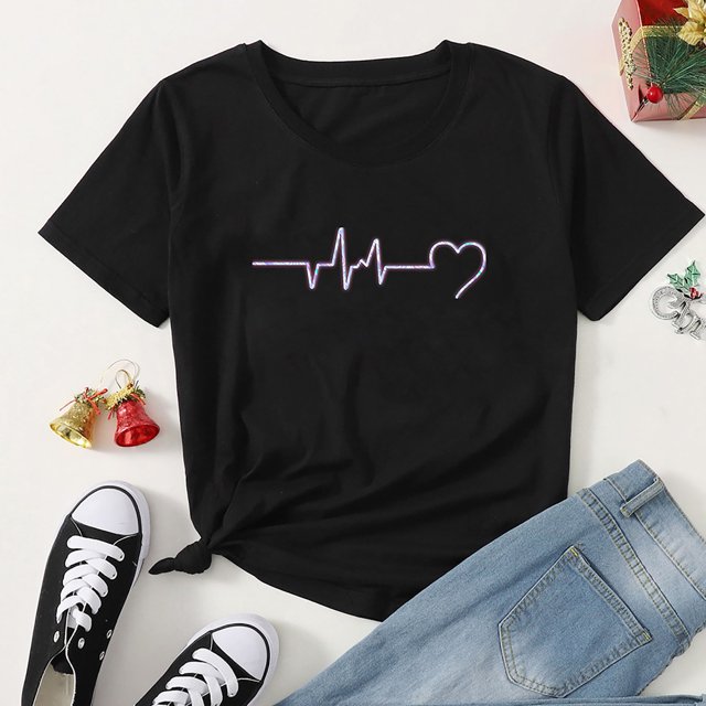 Qiopertar T-Shirts à Col Rond pour Femmes, Imprimé Cœur, Manches Courtes, Blouse, Offres de la Semaine en Liquidation