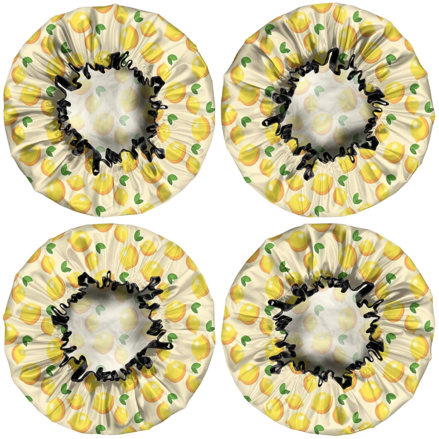 Shower Caps,Yellow Lemon Fruit Leaves Beige Pattern Waterproof Shower Cap for Women 4 Pieces,Double Reusable Hair Cover for Shower PEVA Elastic Stretch Hem