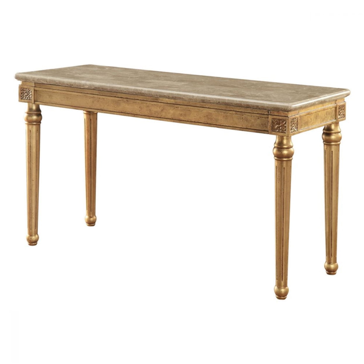 Marble Top Sofa Table With Fluted Detail Wooden Turned Legs, Gold
