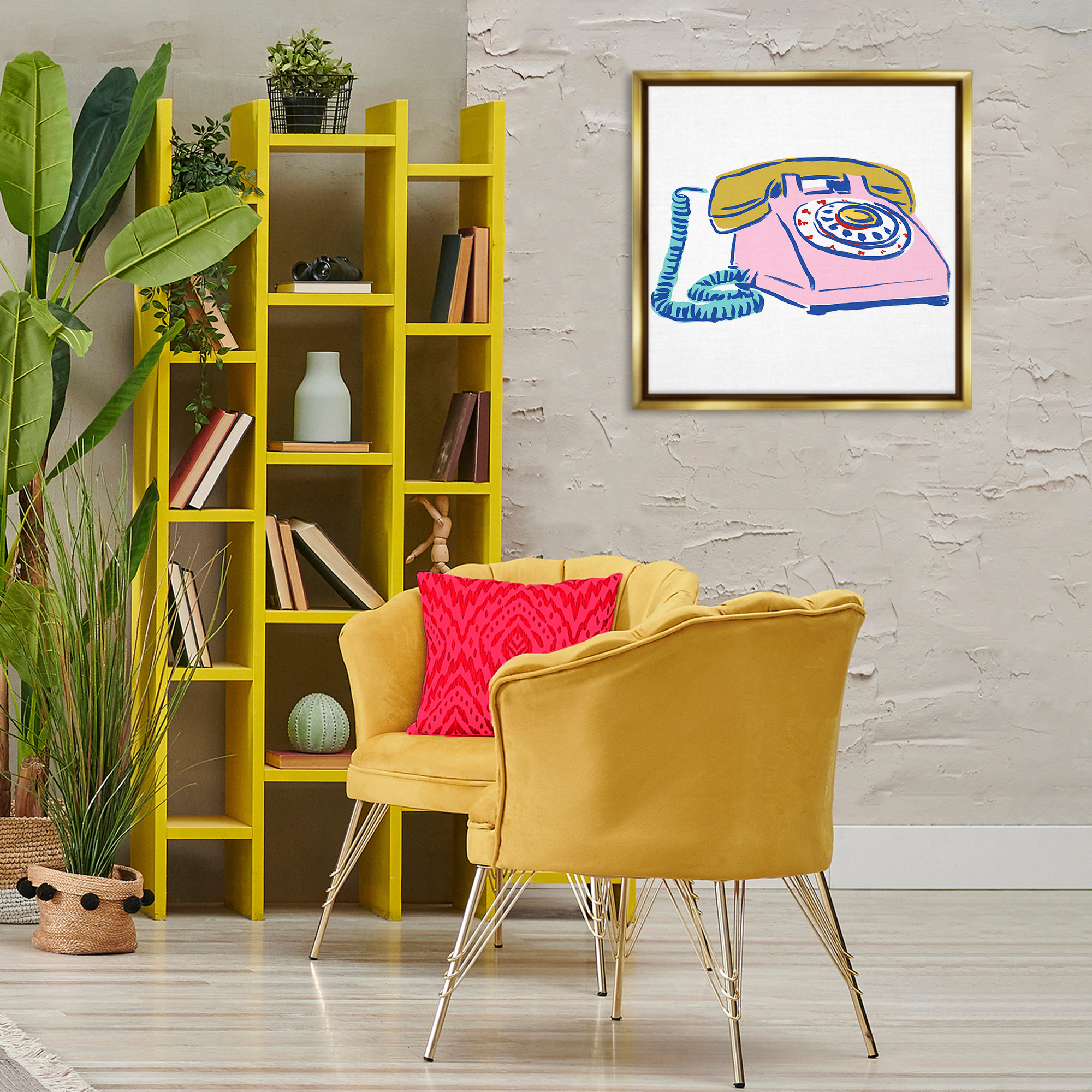 Stupell Industries Retro Rotary Telephone Novelty Painting Gold Floater Framed Art Print Wall Art, 25 x 25