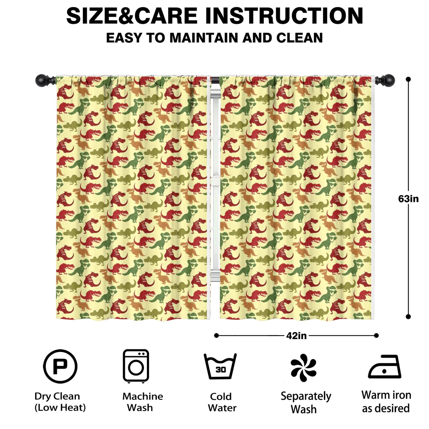 Blackout Kids Curtains,Yellow Cartoon Dinosaurs Pattern Childrens Insulated Curtains Set Of 2,Bedroom Essentials,Toddler Room Decor 42"x63"