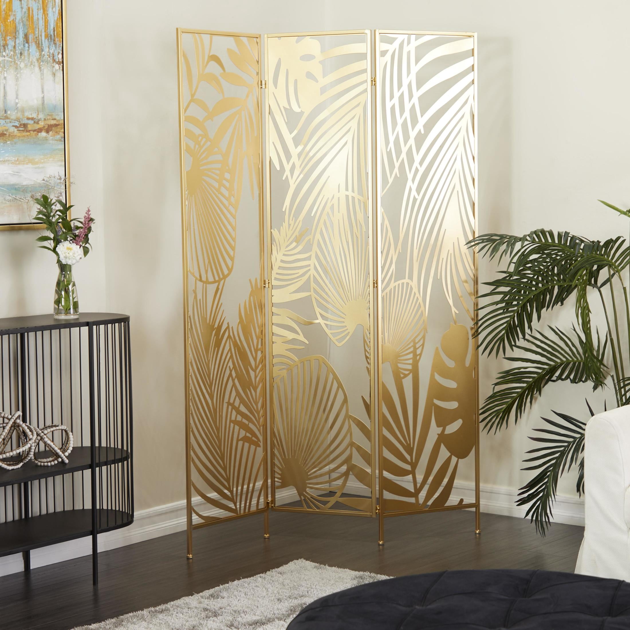 DecMode 48" x 71" Gold Metal Leaf Foldable Partition Cutout Palm Leaf 3 Panel Room Divider Screen, 1-Piece