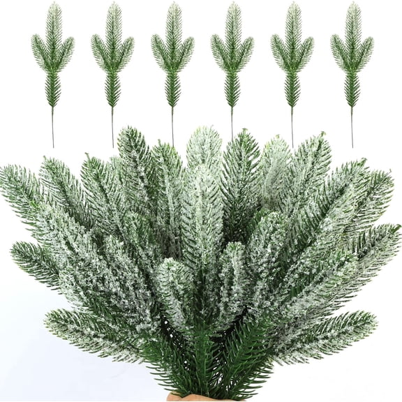 Pack of 20/40 Snowy Pine Tree Picks Christmas Greenery Sprays 10 Inch Artificial Pine Needles Branches Winter Fake Frosted Pine Stems Twigs for DIY Crafts Wreath Holiday Arrangement Centerpiece Decor