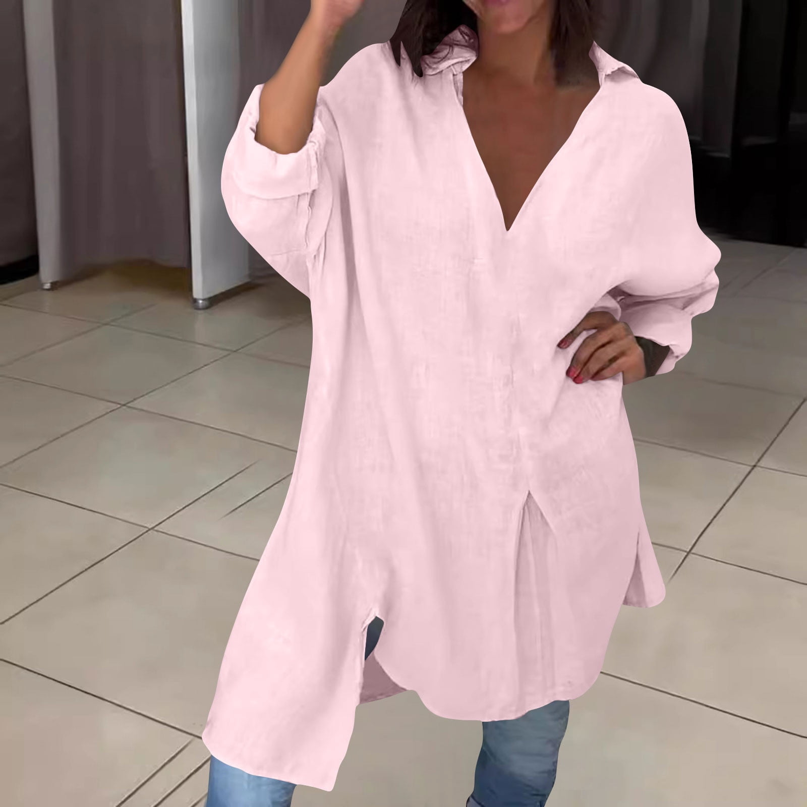 Women Cotton Linen Shirts Dress Long Sleeve Dress Shirts V-neck Blouses Beach Casual Solid Tunic Sundress
