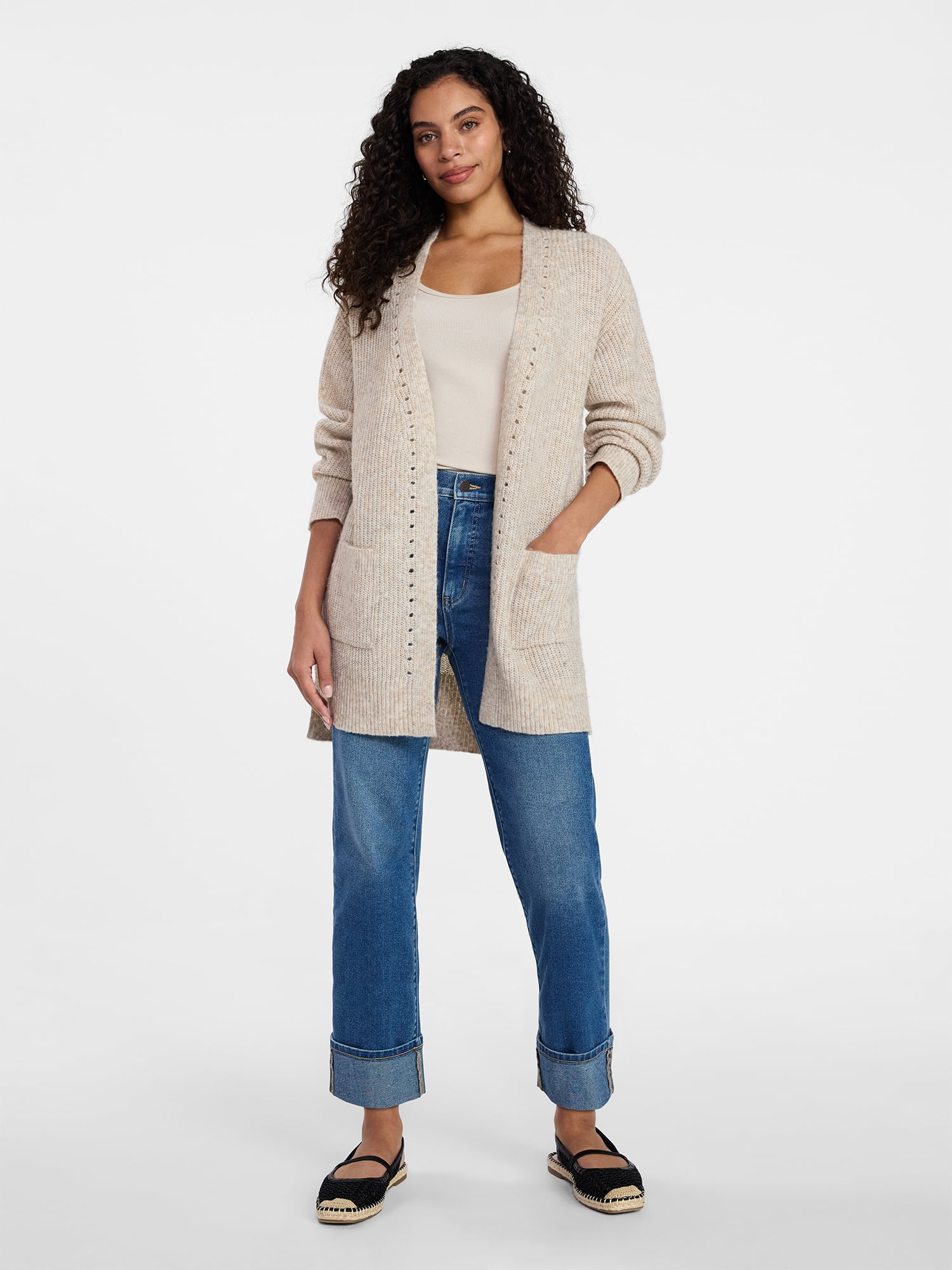 Time and Tru Women's Open Front Cardigan Sweater with Long Sleeves, Sizes XS-XXXL
