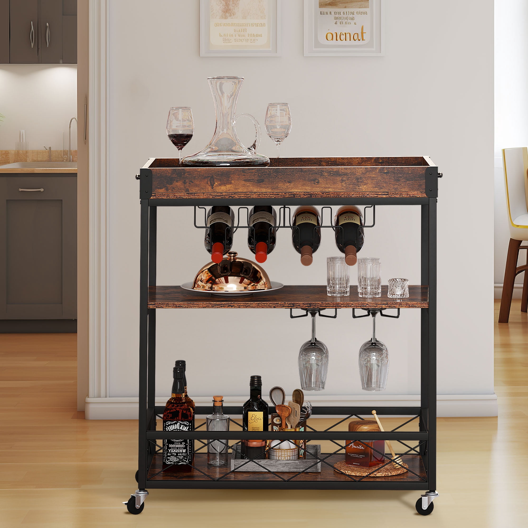 DEXTRUS 31" Rolling Kitchen Cart with Wine Rack and Glass Holder, Removable Tray and Storage Drawer