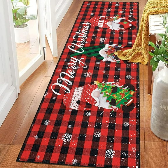 Christmas Tree Hallway Runner Rug 1.5x5ft Non Slip Washable Kitchen Long Area Rug Farmhouse Red Checkered Door Mat Entryway Rug Carpet Runner for Laundry Room Bedroom Christmas Holiday Decorations