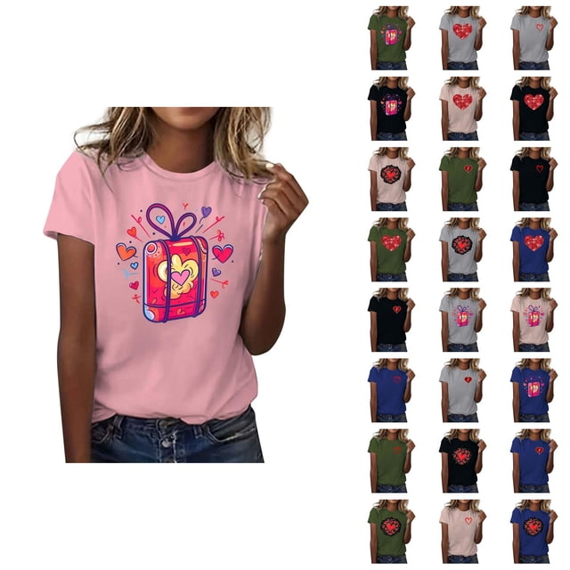 T-shirts de la Saint-Valentin pour Femmes 2026 à Manches Courtes Col Rond avec Cœur Graphique