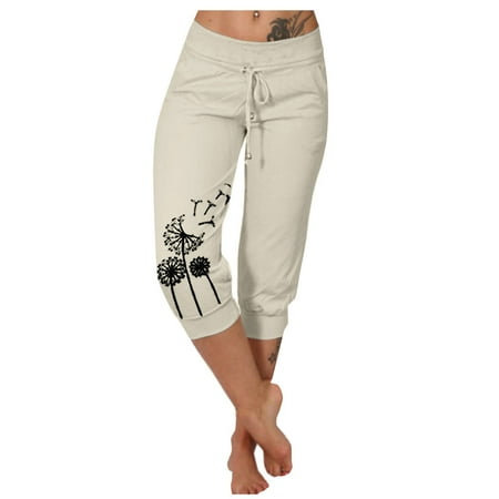 

TQWQT Womens Capri Yoga Pants Loose Drawstring Pajama Pants Lounge Joggers Pants with Pockets Beige XL