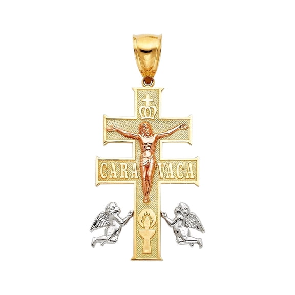 14K Tri Color Gold Religious Cross of Caravaca Pendant | 3C Gold Charm Pendant for Necklace Chain | Jewelry Gift for Men Women | 40 x 25 MM | 5.1 grams