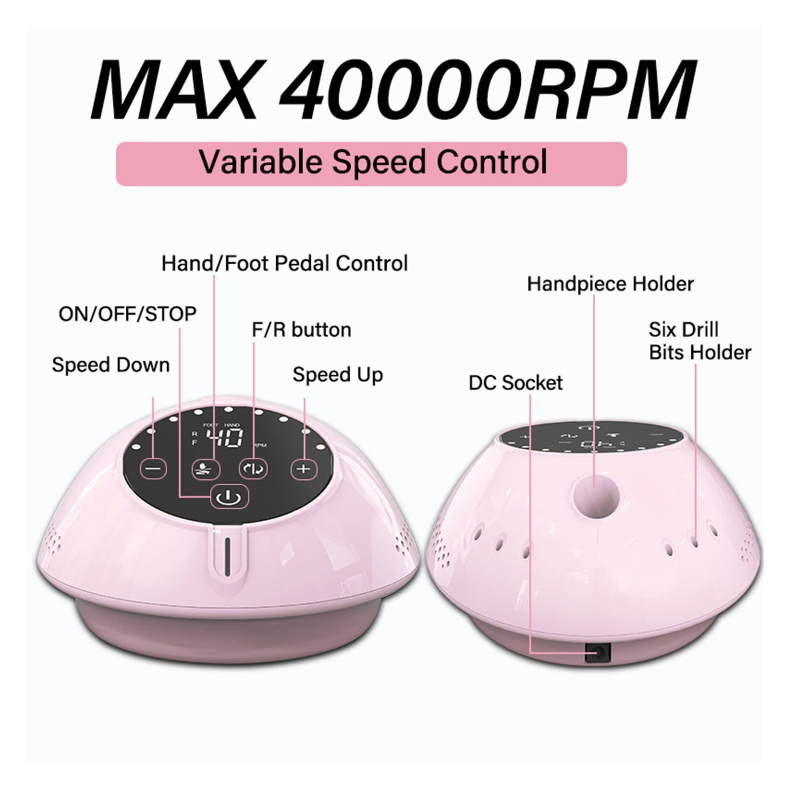 40000RPM Electric Nail Drill Manicure Machine, Acrylic Gel Polish Nails Sander, Pause Mode Professional Nail Art Salon Equipment ,Low Noise