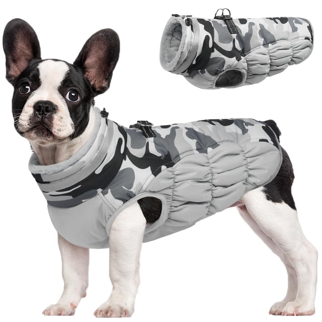 Chaqueta de invierno para perros FUAMEY Grey Camo con arnés para perros S