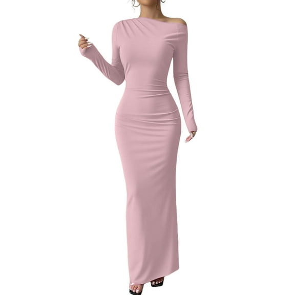 ZHYou Womens Maxi Dresses Long Sleeve Off Shoulder Bodycon Stretchy Slim Fit Ruched Design Comfort Dresses,Pink,M